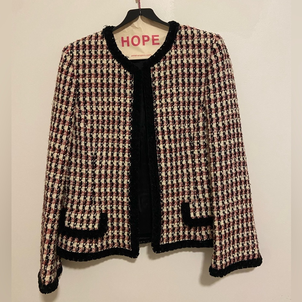 Unworn Vintage Dana Buchman Red White Black Houndstooth Wool Blend Tweed Jacket